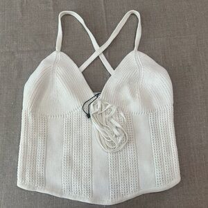 ZARA White Crochet Top Cropped Strappy Striped Summer Knit Size L